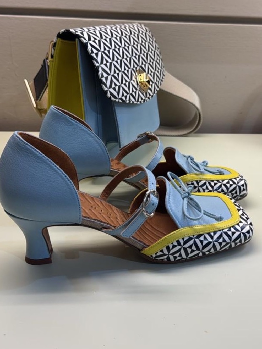 Chie Mihara Blue & Yellow Geometric Mary Jane heeled mules - Picture 2 of 5